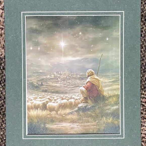 Christmas Night Shepard, Sheep & Star of David Scene Matted Christmas Print 11x1 - Picture 3 of 5